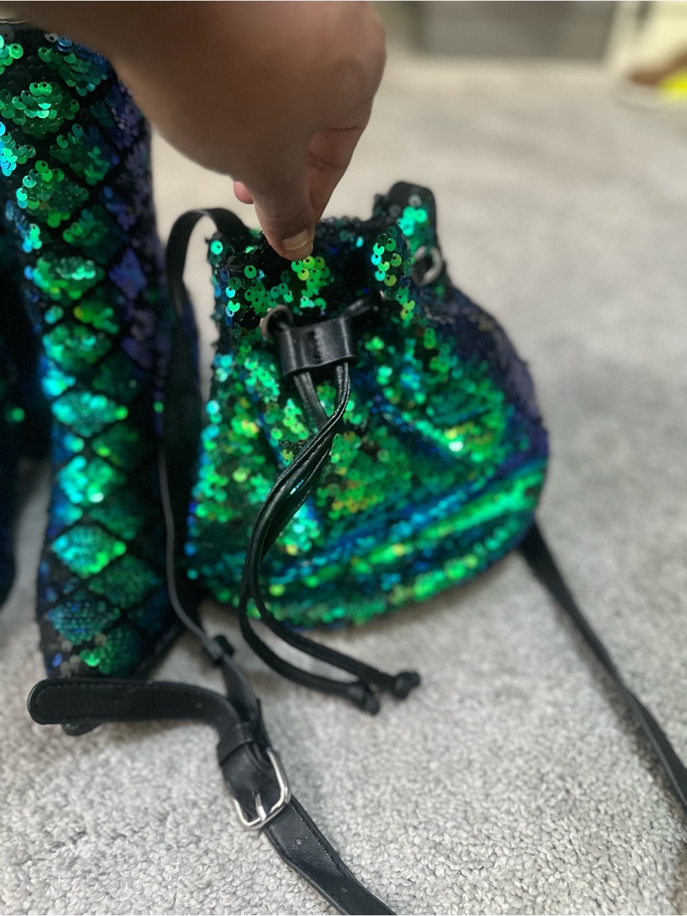 Women’s Cape Robbin Green & Blue Sequin Ankle Boots with Matching Drawstring Bag - Picture 8 of 8